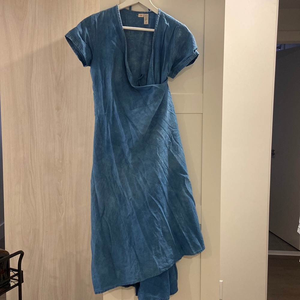 Blue naturally-dyed POEM wrap dress, size S